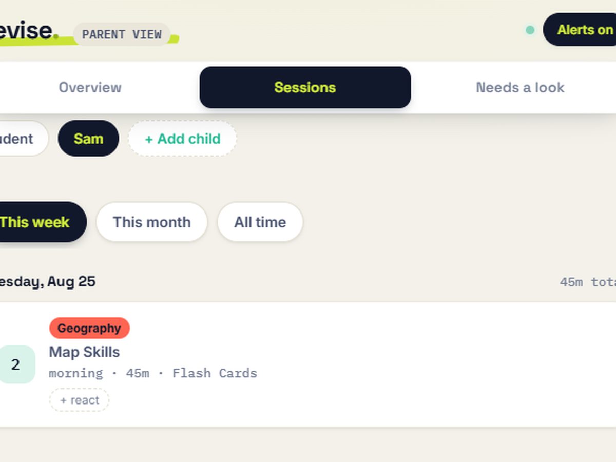 Revision Diary parent view showing weekly sessions