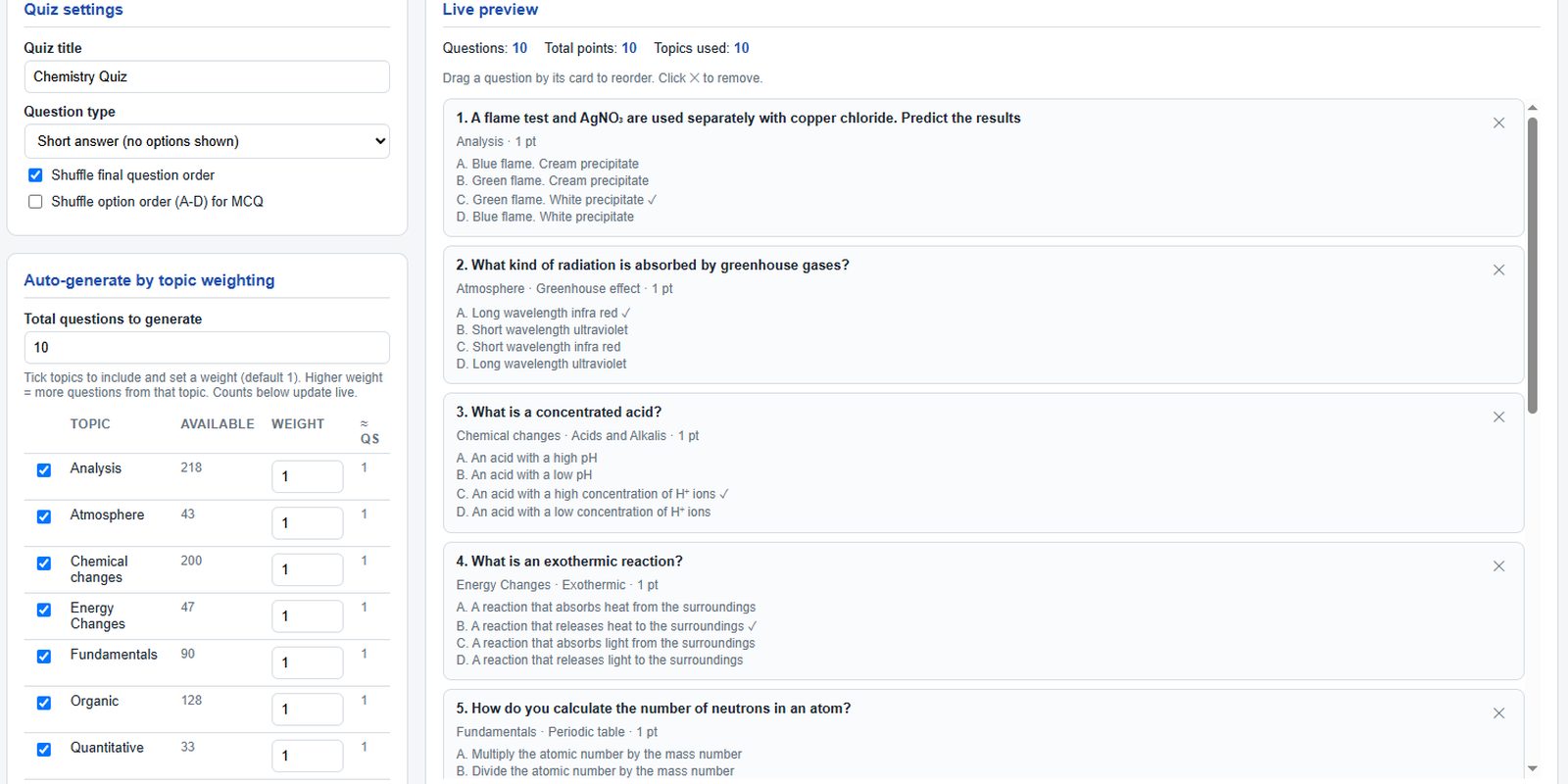 Quiz Maker - quiz settings and live preview